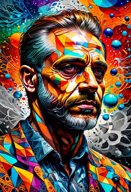 a colored  drawing of man  , (8k, RAW photo, best quality, masterpiece:1.2),best quality, ultra high res,(sharp focus:1.2),DOF, geometric patterns, intricately detailed, perfectly balanced, deep fine edges, artistic photorealism,photorealism, vivid colors,, 8K, UHD, many details, extreme detailed, full of details, BadDream, Jed-Splash,    <lora:ColourfullSplashStyle:0.5>
