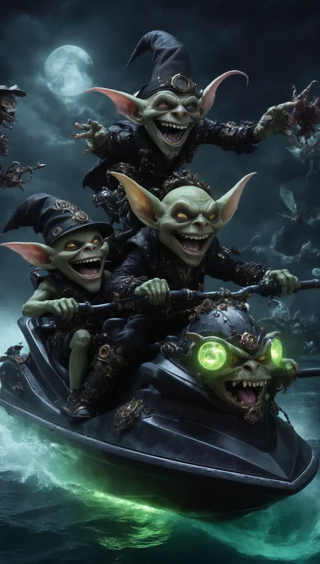 Steampunk Goblins Driving a Jetski, Goblin Jetski, laughing, infused with elements of mysticism, fantasy, or gothic, glowing flora, (Nocturnal creatures), magical phenomena, or eerie, dark settings typical of Goblins, (Use Dream Diffusion Secret Prompt), UHD