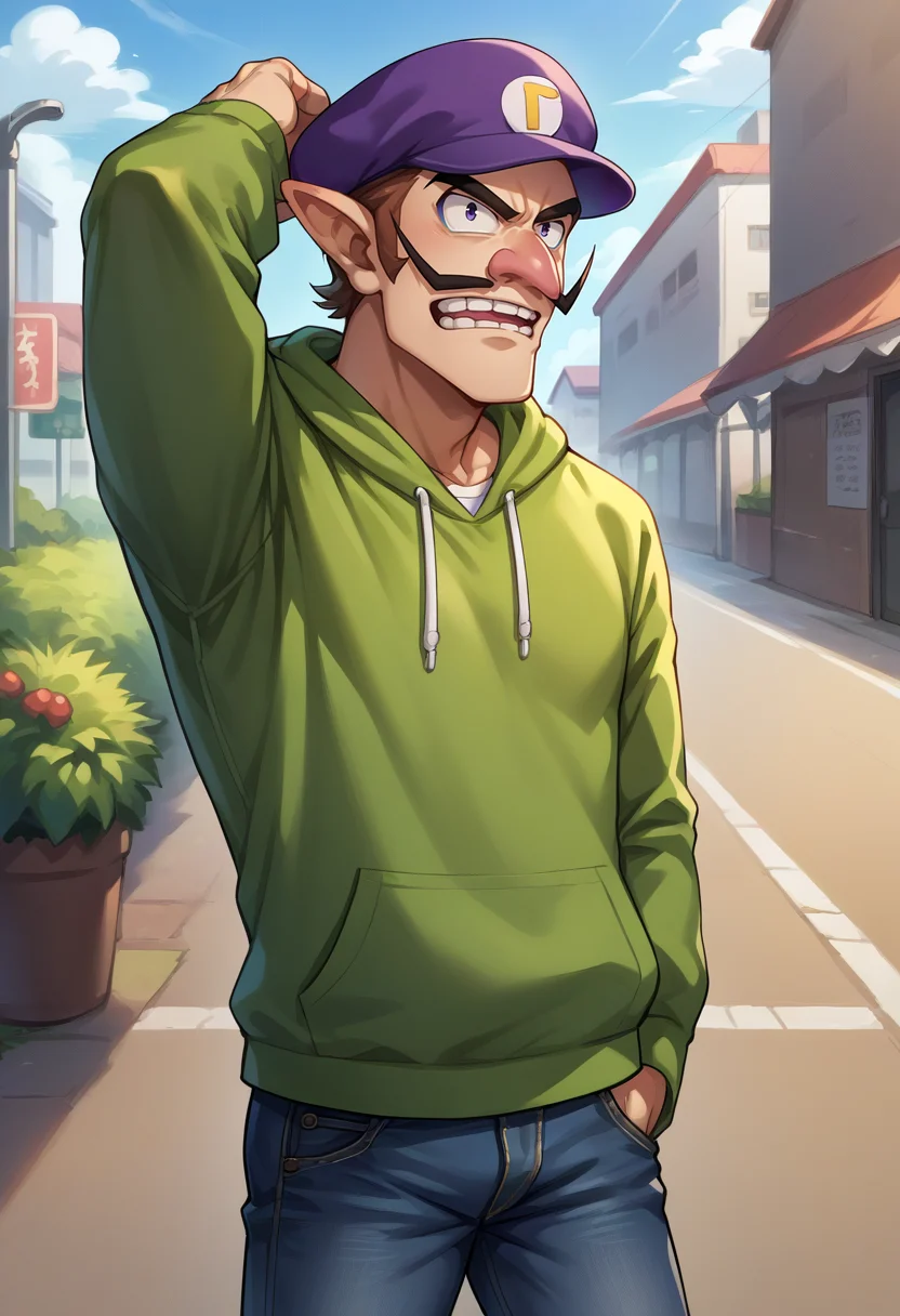 score_9, score_8_up, source_anime, 1boy, solo, Waluigi, mustache, teeth, pointy ears, brown hair, hat, purple headwear, hoodie, jeans, outdoors, <lora:ChamWaluigiPonyXL:1>