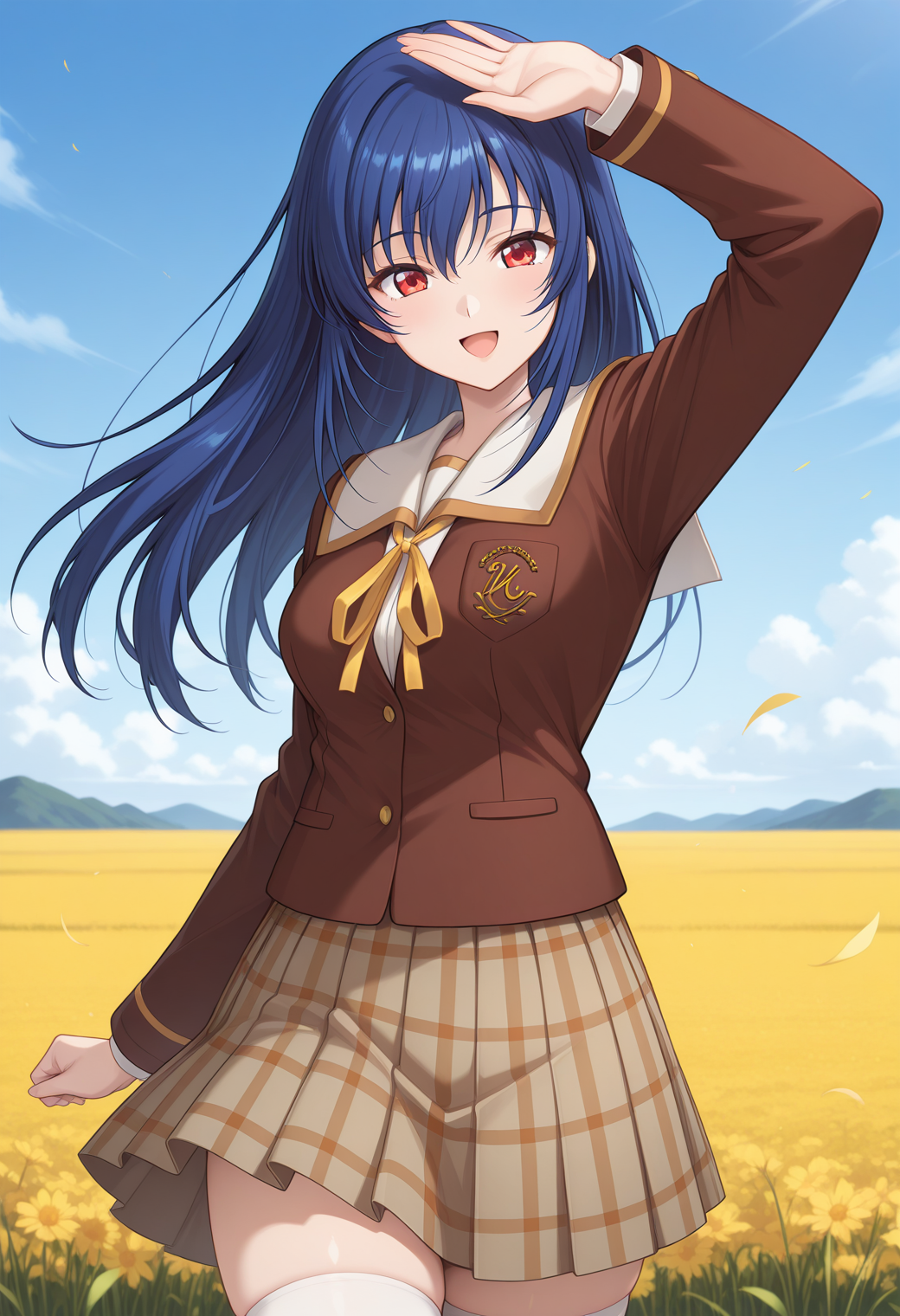 kuon_mayou, red eyes, blue hair, long hair, school uniform, white sailor collar, brown jacket, long sleeves, plaid skirt, brown skirt, white thighhighs, zettai ryouiki, <lora:kuon_mayou_illustrious_ver1:0.8> 
smile, open mouth,, masterpiece, best quality, general,, 1girl, solo, (field:1.2), (blue sky:1.2), looking at viewer,, (cowboy shot, dynamic pose:1.4),