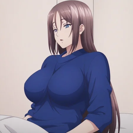 score_9, score_8_up, score_7_up, source_anime, rating_mature_adult, intricate details, anime screencap, official style, anime coloring, 1girl, solo, <lora:Okinaka_Yurina>, yurina, yurina okinaka, brown hair, long hair, open eyes, blue eyes, large breasts, perfect breasts, firm breasts, blue sweatshirt, blue marine sweatshirt, rolled up sleeves,