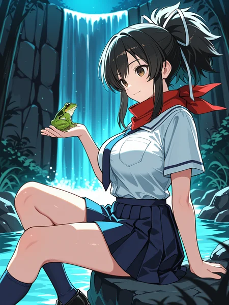 masterpiece, best quality, amazing quality, by [diyokama|say hana|lam]
(solo:1.4), Asuka_IL, brown eyes, black hair, ponytail, white hair ribbon, large breasts, red scarf, hanzo_school_clothes, white shirt, short sleeves, blue stripe piping, blue necktie, blue skirt, pleated skirt, blue knee socks, black loafers
ultra-detailed-eyes, detailed background, waterfall, clear skin, from side, frog on hand, glowing, sitting, light smile, night, dark theme, (dutch angle:1.3)
<lora:SK_Asuka_IL:0.8>