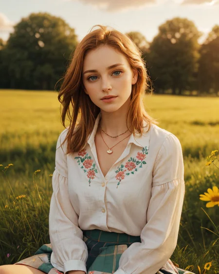 superbloom scenery, 24yo attractive irish redhead, (striking eyes with full limbal ring visible, piercing gaze with prominent limbal rings, large expressive eyes with sharp limbal rings, intense wide eyed stare at viewer:1.4), wide cinematic establishing shot seductive young woman sitting having picnic under tree, (bra strap, cleavage,  young adult irish redhead:1.25), (style of Alessio Albi:1.4), Realist Portraiture, Soft Lighting, Emotional Depth, Simple Compositions, (Layered Depth, Soft focus foreground, Painted Scenery:1.1), alluring feminine physique, short backlit hair, perfect face, thin upper lip, pouting lower lip, thin brows, small upturned nose, bow-shaped lips, Raised Eyebrows, Focused Gaze, eager expression, quaint farm setting, (relaxed country woman), (tight unbuttoned shirt, thin material), subsurface scattering, classic cotton, soft pastel, intricate embroidery collar cuffs, rolled-up sleeves revealing sun-kissed forearms BREAK (blanket:1.15), rich textures, patchwork design, vibrant colors, detailed stitching, homely aesthetic (skirt), elegant rustic charm, subtle floral pattern, linen, sways breeze BREAK ((wildflower wreath)), crown delicate chain necklace, small, intricate pendant, heart-shaped with floral theme, glowing subtly in the soft light, ethereal quality, [lens flare glinting], (mischievous yet content expression), lush green fields in the background, (soft, sunlit ambiance), simple leather boots, carefree hair  <lora:kodak_ultramax_400:0.8> golden hour, soft golden light, pastel sky, relaxed posture, natural smile, earthy colors, candid moment, trees and flowers in background, leading lines, depth of field, slightly off-center framing, warm tones, cinematic look, natural setting, editorial style, soft textures, subtle lighting, peaceful mood