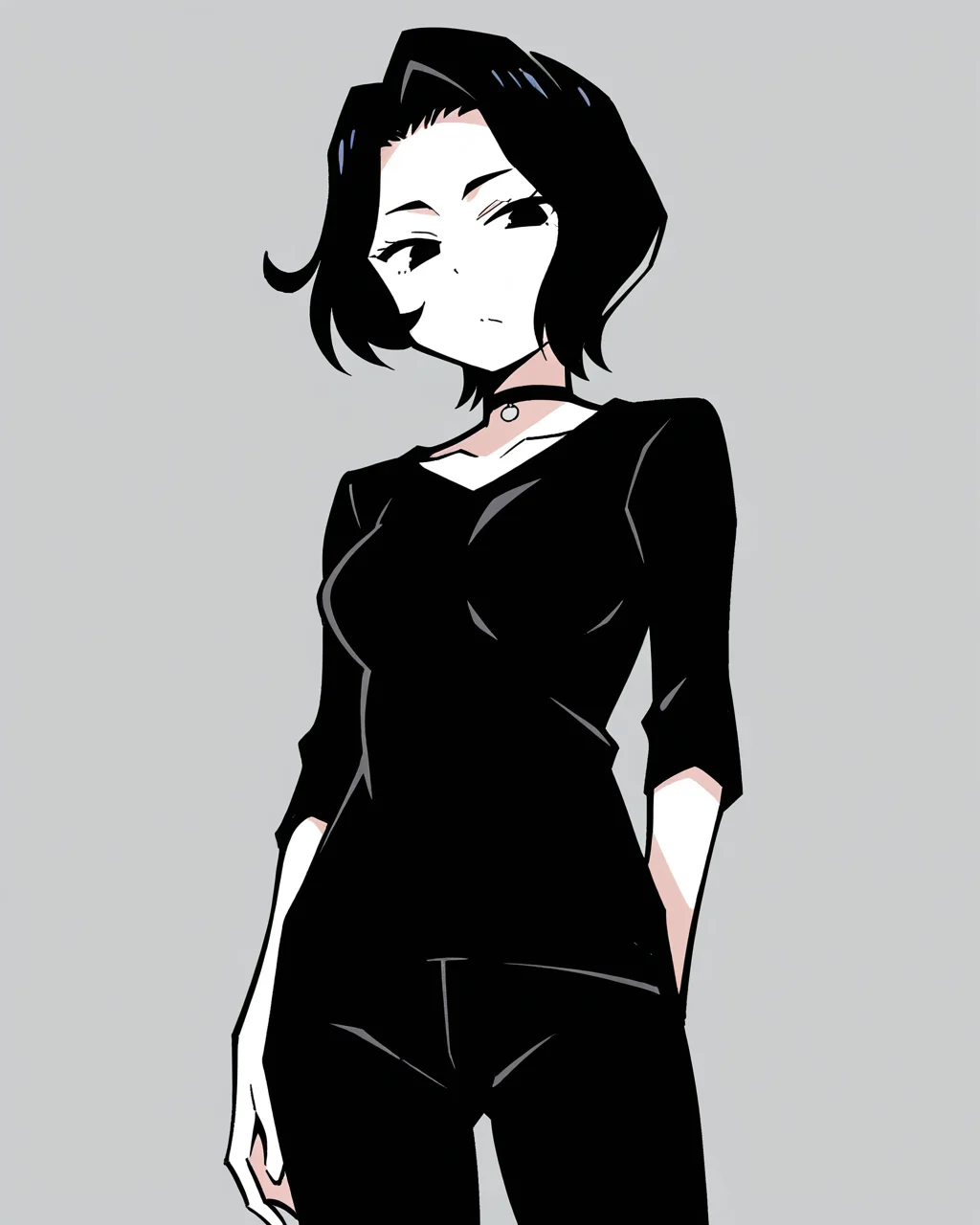 anbe masahiro, masterpiece, best quality, high quality, absurdres, very awa, 1girl, solo, doomer girl, pale skin, black hair, black shirt, black pants, <lora:noobaivpred075_doomer_girl:1> cowboy shot,