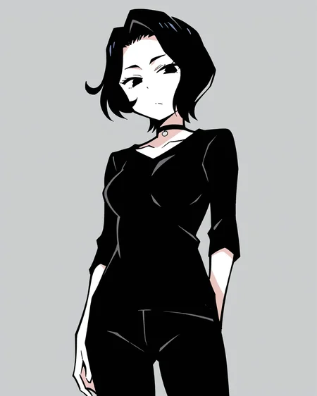 anbe masahiro, masterpiece, best quality, high quality, absurdres, very awa, 1girl, solo, doomer girl, pale skin, black hair, black shirt, black pants, <lora:noobaivpred075_doomer_girl:1> cowboy shot,