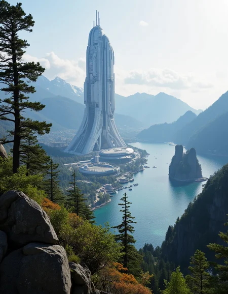<lora:SWL_Stations1v2flux:1> lostst1, science fiction, sea, mountains, aerial view, scientific complex, trees, in a mountain,