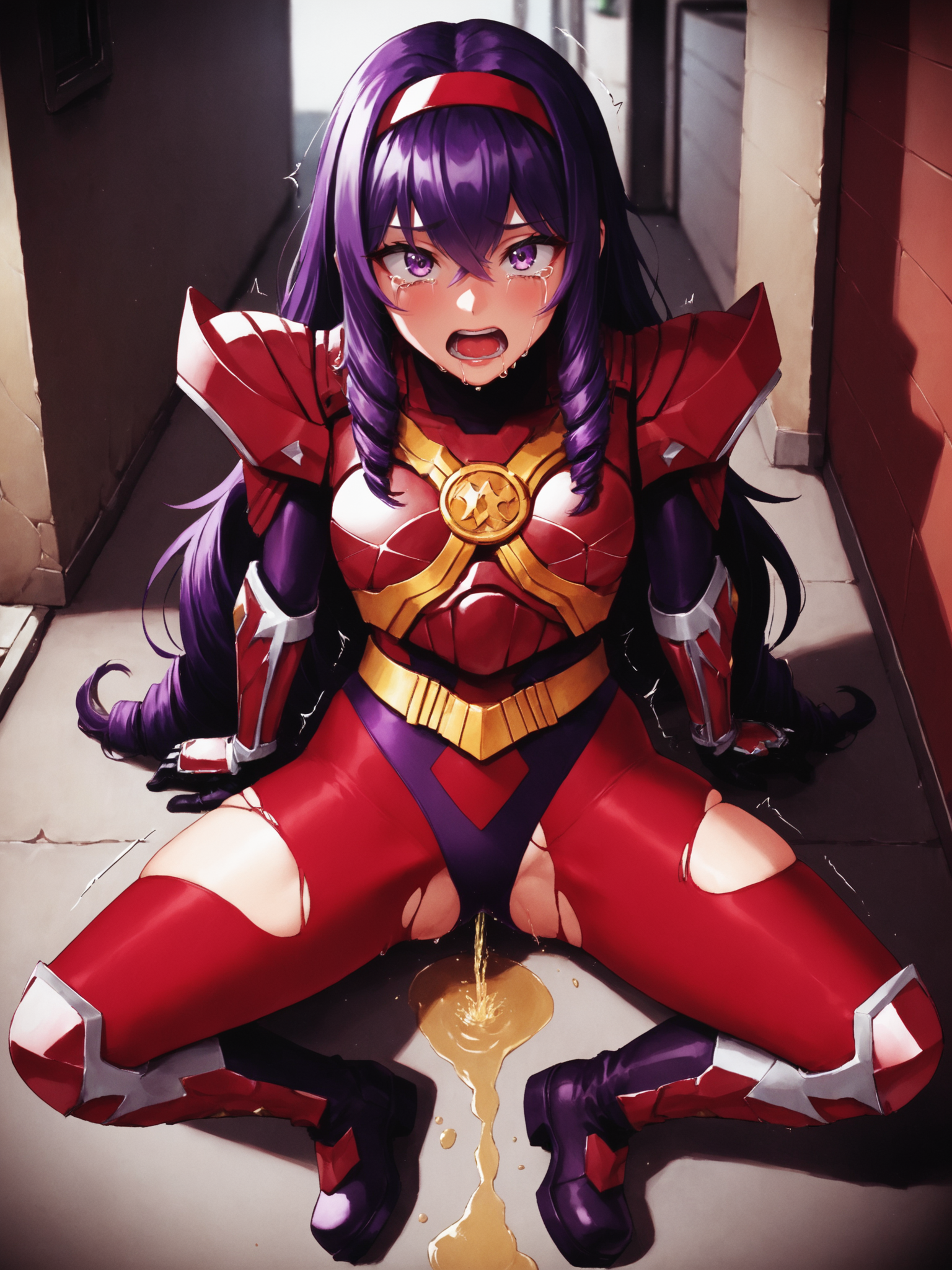 score_9, score_8_up, score_7_up, source_anime, zPDXL, zPDXLpg, <lora:offset_0.2:0.1>, <lora:spo_sdxl_10ep_4k-data_lora_webui:1>,
1girl, solo focus,
sazervelsou, red bodysuit, purple leotard, belt, armor, gauntlets, boots, <lora:Sazer_Velsou:1>,
purple hair, very long hair, drill hair, crossed bangs, sidelocks, red hairband, purple eyes,
furrowed brow, (scared:1.2), humiliation, crying, open mouth, streaming tears, half-closed eyes,
pee, peeing, peeing self,
(sitting:1.2), on floor, spread legs, (torn clothes:1.5), broken armor, twitching, trembling,
facing viewer, (looking at viewer:1.2), full body, ass visible through thighs, from above,
outdoors, city, street, alley