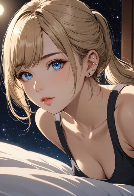 (anime, masterpiece, intricate:1.3), (best quality, hires textures, high detail:1.2), (4k),(incredibly detailed:1.4), perfect anatomy, correct sense of scale, side lighting, feminine body, shiny skin, graceful face, constricted waist, nice body, lips, Sexy mouth, high pointed nose, (nostrils:1.3), neatly drawn nose, 1woman, gorgeous lips, blue eyes, tights, blonde hair, ponytail, side bangs, medium breasts, ((piercing, two holes at the bottom of the ear, one at the top)) (best illumination, an extremely delicate and beautiful) 8k wallpaper, masterpiece, best quality, ultra-detailed, best shadow, volumetric lighting), (beautiful detailed face, beautiful detailed eyes) ,extreme details eyes, shiny skin, ear piercing, woman, 22 y/o
crawling_position_on_bed,cleavage,tanktop,hotpants,hotel,bedroom,beautiful_black_hair,ponytail,beautiful_light_blue_eyes,multicolored_eyes,1_beautiful_girl,beautiful,perfect_quality,perfect_anatomy,masterpiece, moon,night,moonlight,beautiful starry sky
