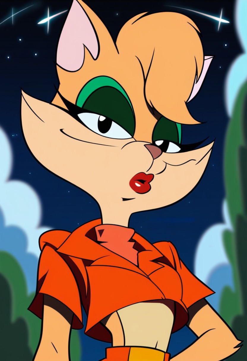 score_9, score_8_up, score_7_up, score_6_up, score_5_up, score_4_up, source_furry, Tabitha_Fantomcat, detailed eyes, detailed face, (retro artstyle, 1990s \(style\), flat color, toon \(style\),1girl, solo, black eyes, animal ears, furry,short hair, furry female, sky, cloud,cat girl, looking at viewer, cat ears, upper body, shirt, red shirt, night, short sleeves, makeup, crop top, parody, red lips
<lora:tabitha-v1:1>