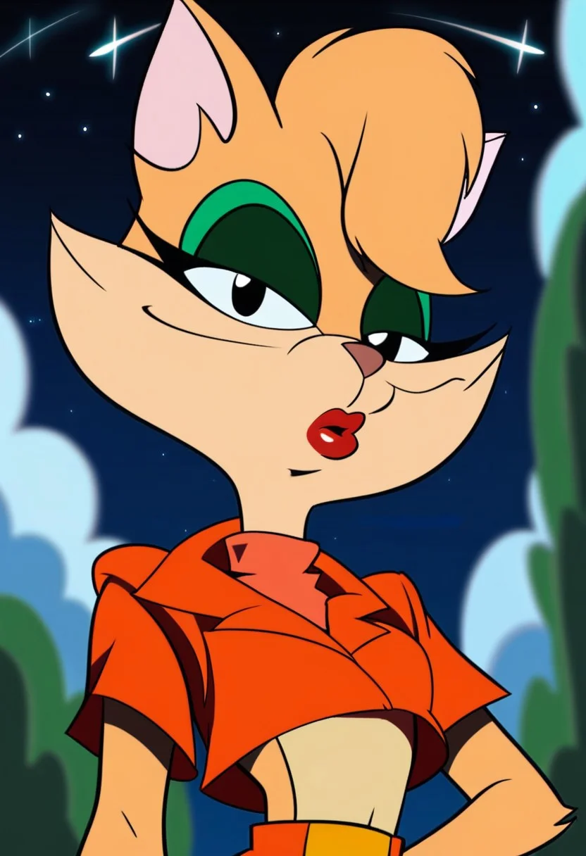 score_9, score_8_up, score_7_up, score_6_up, score_5_up, score_4_up, source_furry, Tabitha_Fantomcat, detailed eyes, detailed face, (retro artstyle, 1990s \(style\), flat color, toon \(style\),1girl, solo, black eyes, animal ears, furry,short hair, furry female, sky, cloud,cat girl, looking at viewer, cat ears, upper body, shirt, red shirt, night, short sleeves, makeup, crop top, parody, red lips
<lora:tabitha-v1:1>