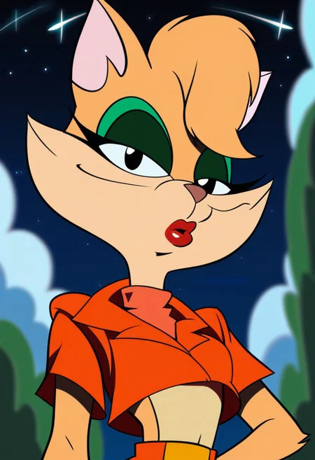 score_9, score_8_up, score_7_up, score_6_up, score_5_up, score_4_up, source_furry, Tabitha_Fantomcat, detailed eyes, detailed face, (retro artstyle, 1990s \(style\), flat color, toon \(style\),1girl, solo, black eyes, animal ears, furry,short hair, furry female, sky, cloud,cat girl, looking at viewer, cat ears, upper body, shirt, red shirt, night, short sleeves, makeup, crop top, parody, red lips
<lora:tabitha-v1:1>