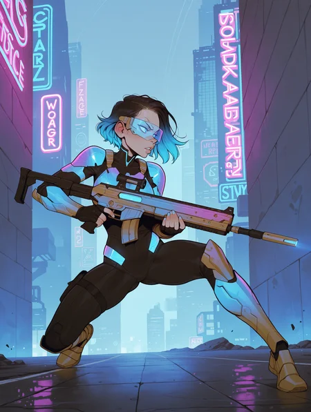 1girl, solo, futuristic soldier, sleek armor, futuristic armor, determined, short cyberpunk-style hair, gradient hair, glowing blue accents on armor, integrated weapon systems, holographic visor, holding futuristic rifle, fighting stance, background is a dystopian cityscape with towering skyscrapers, neon lights, hovering drones patrolling the area
,masterpiece,best quality,amazing quality,
BSSINCASE,