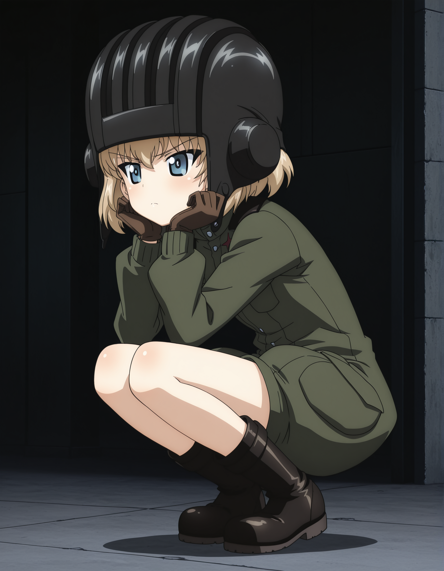 masterpiece,best quality, absurdres, highres,    <lora:katyusha illu:0.9> katyushaillu, long sleeves, pravda military uniform, short jumpsuit, helmet, brown gloves, black boots,  solo, squatting,  girls und panzer, anime screenshot,