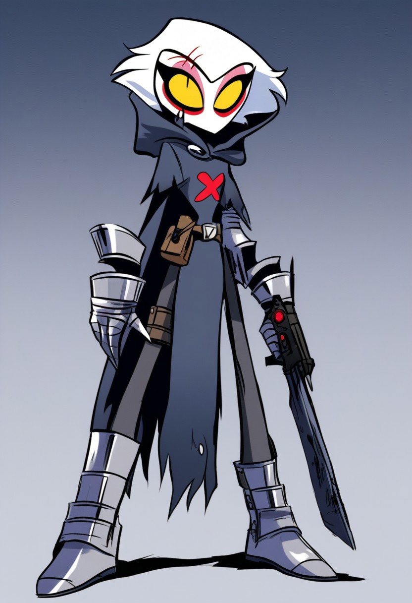 HCSV1, human, knight, tall,
1man, solo, full body, thick steel boots, silver gauntlets, metal face mask, silver mask, hooded cloak, small scratches on mask, yellow eyes, tunic, gradient background, pistol chest holster, looking at viewer, weapon back carryon