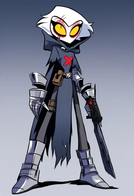 HCSV1, human, knight, tall,
1man, solo, full body, thick steel boots, silver gauntlets, metal face mask, silver mask, hooded cloak, small scratches on mask, yellow eyes, tunic, gradient background, pistol chest holster, looking at viewer, weapon back carryon