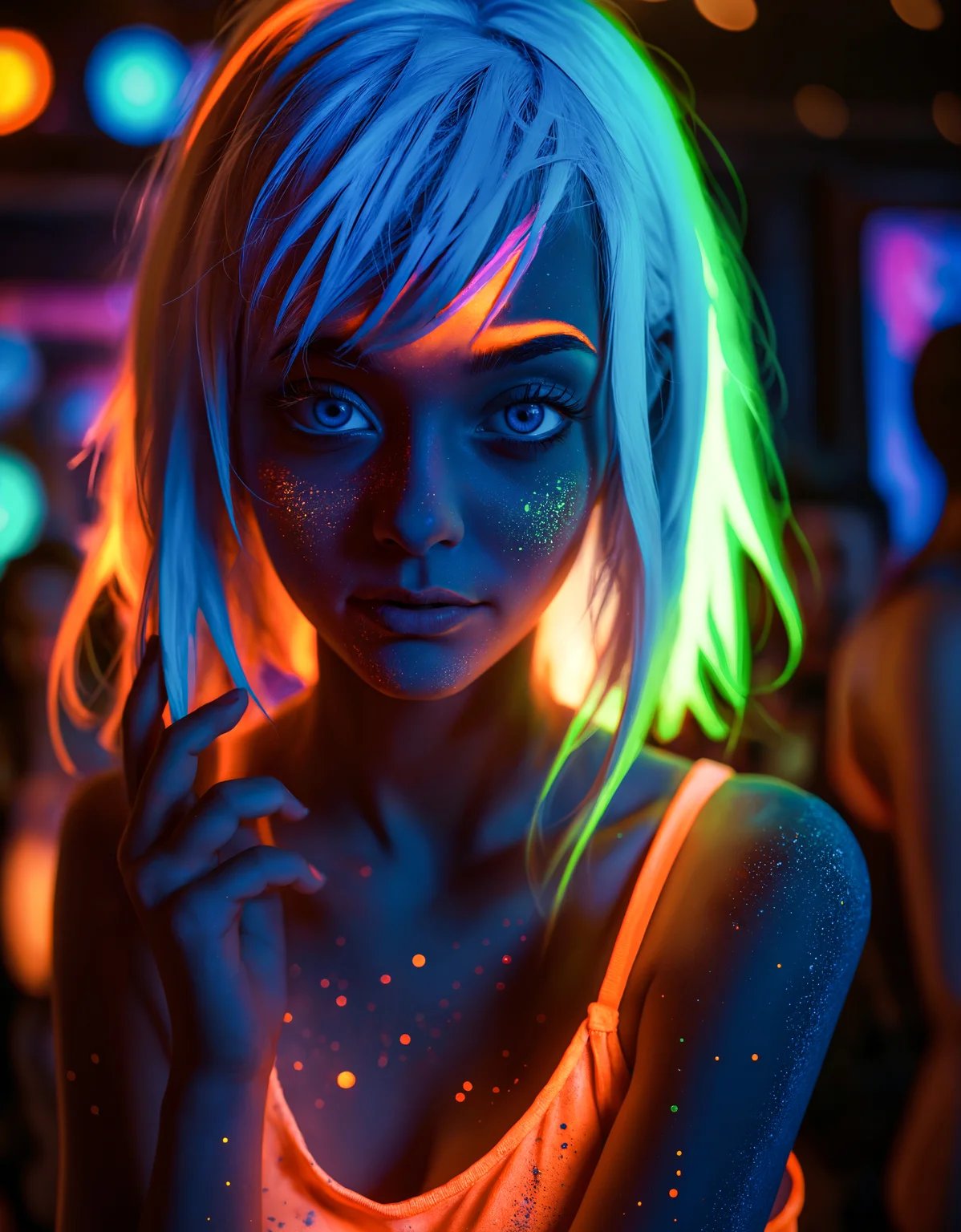 zavy-flrscnc, fluorescent, glowing dust, fluorescent dust, fluorescent spraypaint, fluorescent pointillism, dust, young woman with blue hair and blue eyes in a nightclub, photorealistic, 100mm f/2.8 macro lens,