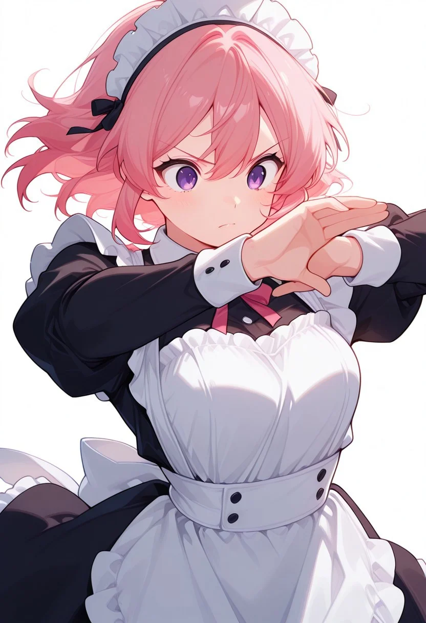 score_9, score_8_up, score_7_up, source_anime, negative_hand, masterpiece, best quality, high quality, highly detailed, dynamic pose, short pink hair, Civchan, pink hair, purple eyes, upper body, cowboy shot, solo