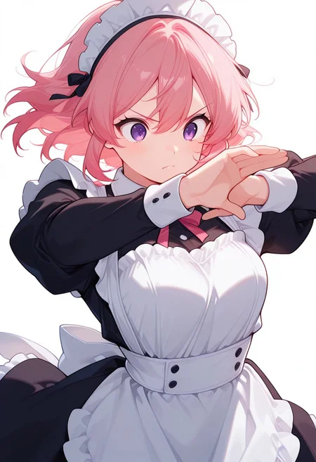 score_9, score_8_up, score_7_up, source_anime, negative_hand, masterpiece, best quality, high quality, highly detailed, dynamic pose, short pink hair, Civchan, pink hair, purple eyes, upper body, cowboy shot, solo