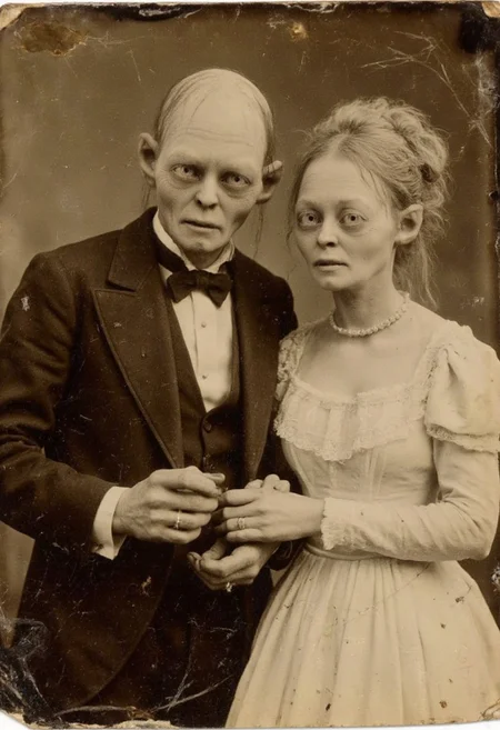 A distressed, sepia-toned 1800s photo of smeagol wedding, elegantly dressed, in the act of putting the ring on the finger of his future wife. His spouse is  a beautiful curly blonde young Hobbit woman. The photo appears worn with time, showing scratches, faded tones, and a slightly curled edge, adding to its vintage appeal.