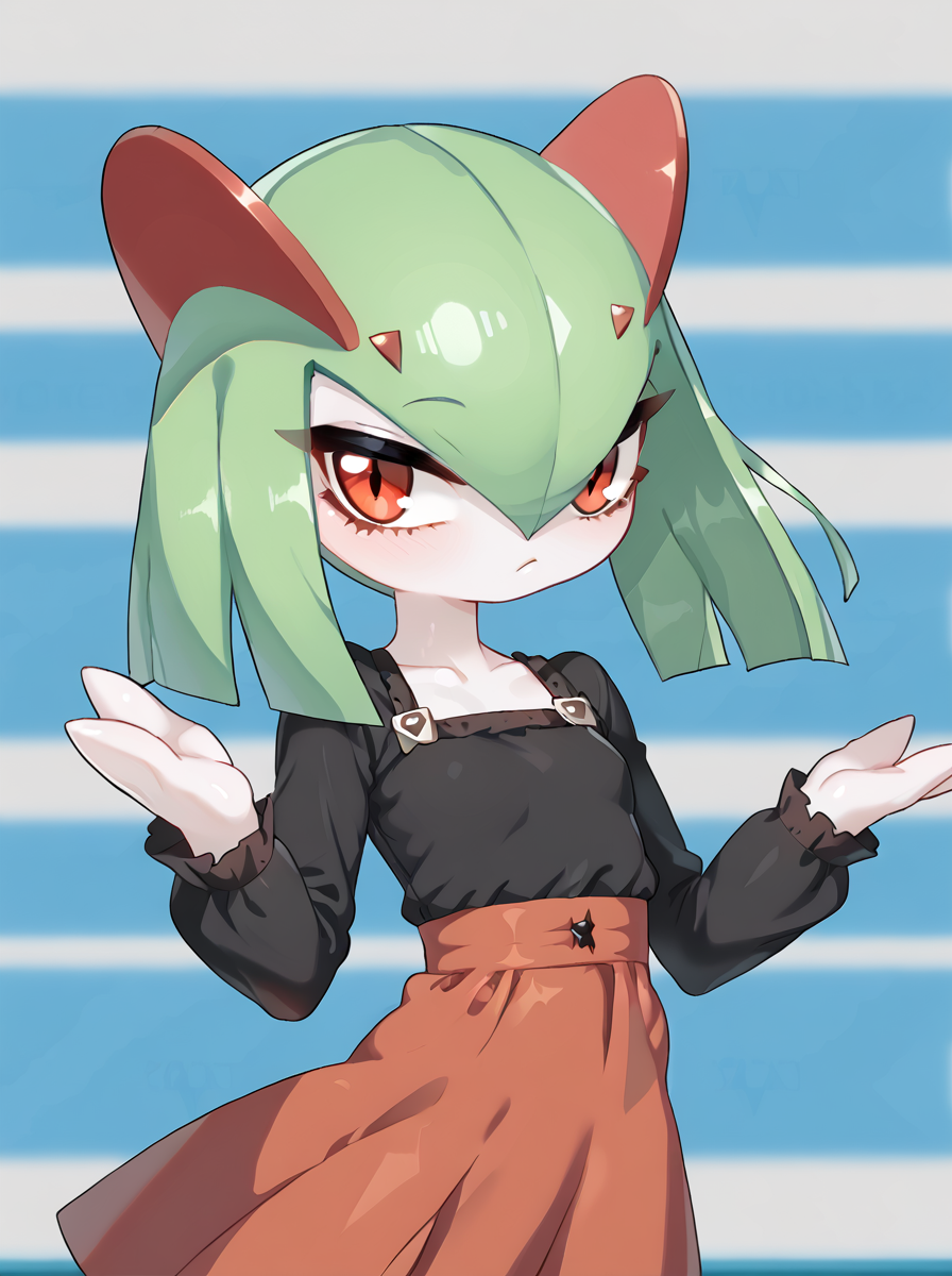 detailed background, shiny skin, posing,
<lora:drunkoak.pony:1>,
drunkoak, kirlia, 
casual clothing, dress, long sleeves,