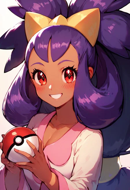 score_9, score_8_up, score_8, (curvy), cute, eyelashes,
iris \(pokemon\), purple hair, long hair, red eyes, dark skin, big hair,
hair ornament, white leggings, long sleeves, miniskirt, pink skirt, holding pokeball, smile, blush,
upper body, detailed eyes,