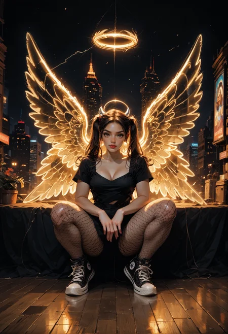 score_9,score_8_up,score_7_up,embedding:zPDXL2, masterpiece,best quality,highly detailed,detailed background, film grain,colorful,Expressiveh,Cinematic Lighting, t4s14, n30nw1ngs, neon light wings, wings, angel, cityscape, halo, pink, goth, twintails, horns, fishnet pantyhose, converse, curvy, large breasts, squatting,<lora:增强\(收藏)\sdxl_lightning_8step_lora.safetensors:1.0:1.0> <lora:Vixon\Neon Light Wings.safetensors:0.9:0.9> <lora:Vixon\Vixon's Pony Stylesv Tasia.safetensors:0.8:0.8>