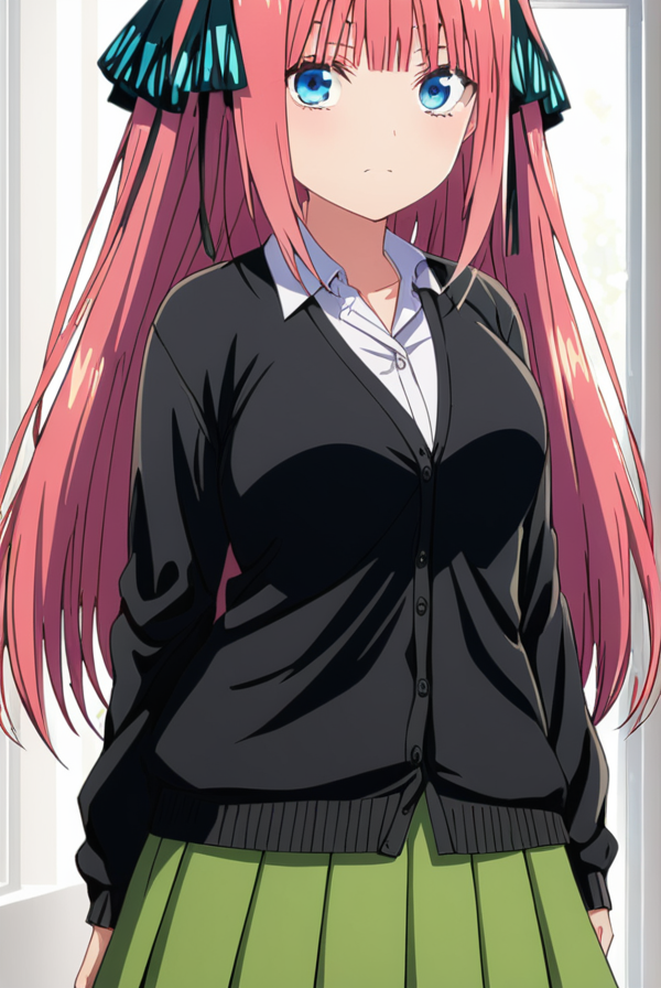 masterpiece, best quality, highres, 4k, 8k, intricate detail, cinematic lighting, amazing quality, amazing shading, soft lighting, Detailed Illustration, anime style,
BREAK ninonakano, <lora:nino_nakano_special-sdxl-lora-nochekaiser:1>
BREAK nino nakano, long hair, bangs, blue eyes, hair ornament, hair ribbon, pink hair, blunt bangs, two side up, butterfly hair ornament,
BREAK skirt, shirt, long sleeves, white shirt, pleated skirt, open clothes, collared shirt, sleeves past wrists, dress shirt, cardigan, green skirt, open cardigan, black cardigan,
BREAK indoors, classroom, 
BREAK looking at viewer, full body,