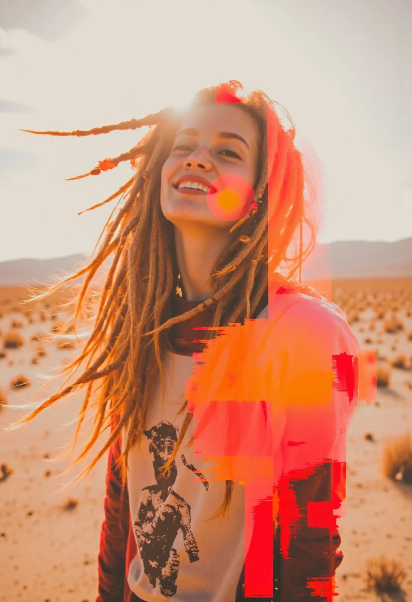 A highly detailed extreme close-up of a laughing, busty French girl with striking, thick, light-blonde dreadlocks as the focal point. Her wild, sun-kissed dreads cascade around her face, some strands adorned with glowing orange beads that pulse softly like embers. The texture of her locks catches the light, emphasizing their depth and movement. She wears a retro band shirt, its faded print barely visible beneath the warm, overexposed desert light. Her freckled skin glows, her radiant smile full of life and warmth, eyes crinkling with unfiltered joy.
Sharp, vibrant glitch effects cut through the soft, pale tones, distorting the edges of the image in jagged streaks of orange and red, as if reality itself is unraveling. Behind her, barely visible through the hazy clouds, two vibrant orange-red glitch-like suns flicker, dissolving into the distorted sky.
Nistyle, monochrome analog photo, extreme face close-up, a vibrant, free-spirited girl, exuding retro charm and rebellious energy, hyper-detailed photorealistic, with stark glitch accents against a soft, washed-out aesthetic.