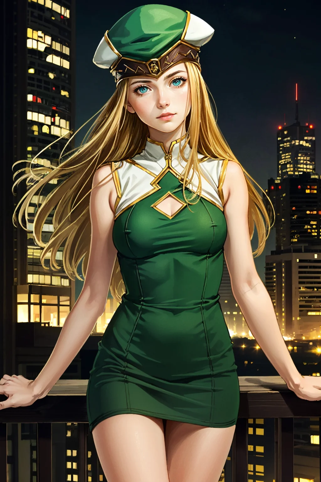 ((masterpiece, best quality))
<lora:ValkyrieProfileFreya:0.8>
ValkyrieProfileFreya, 1girl, solo, long hair, blonde hair, blue eyes, hat, green dress, cityscape, at night, on top of a skyscraper, short dress, tight