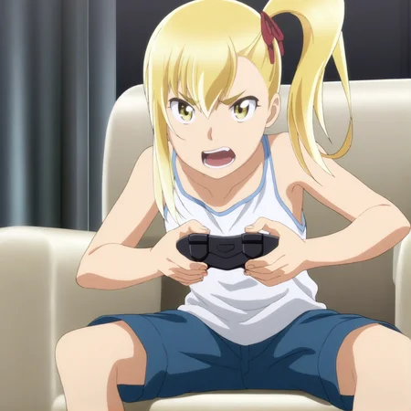 sharp focus, masterpiece, source_anime, (anime_screencap:1.2), absurd res, best quality, BREAK
<lora:Anzu_hinamatsuri_IL_v0.8:1>, anzu_il, 1girl, solo, blonde_hair, right_side_bang, hair_between_eyes, side_ponytail, yellow_eyes, holding_game_controller, blue_shorts, white_tank-top, sitting, couch