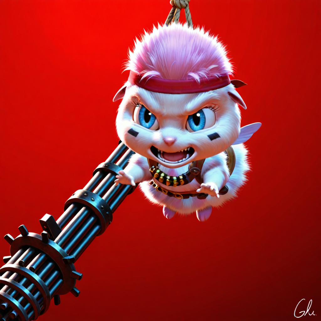 embedding:lazypos,
vibrant, 1boy, solo, solo focus, male focus, bibble,creature,furry, furry male, miniboy, angry,open mouth,teeth,eye black,red headband,bandolier,holding gun, machine gun,gatling gun, firing, action pose,rope, hanging on, swinging, red background, no humans