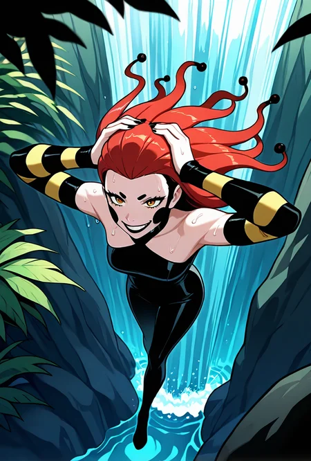 <lora:frightwig:1> frightwig, 1girl, long hair, red hair, bare shoulders, hair down,  black lips, striped sleeves, black cheeks, detached sleeves, black bodysuit, facing forward, evil grin, teeth,  dynamic pose, under waterfall, from above, wet hair, hands on head, waterfall, nature, greenery, socks, foreground blur,, masterpiece, best quality, amazing quality, very aesthetic, absurdres, newest,