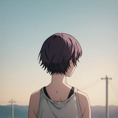 score_9, score_8_up, score_7_up, score_6_up, score_5_up, score_4_up, source_anime, BREAK
<lora:chainsaw_man_pony:0.8>,chainsaw_man,
1girl,solo,purple short hair,casual clothes,close up