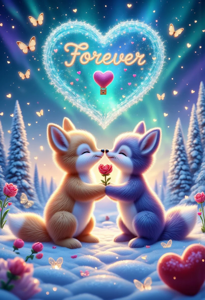 An ultra-detailed, whimsical Valentine’s scene of two Arctic foxes nuzzling under a shimmering Aurora Borealis, their snow-dusted fur glowing in hues of rose gold and lavender from the celestial lights. Surrounding them, a meadow of heart-shaped frost flowers blooms across the tundra, each petal glinting with tiny ice crystals. The larger fox gently holds a crimson rose frozen in ice between its paws, while the smaller one playfully bats at a floating bubble containing a miniature hot air balloon shaped like a heart. Above, a constellation of glowing fireflies forms the word "Forever" in cursive, while a family of adorable penguins waddles in the distance, carrying tiny gift boxes tied with ribbon. The scene is rendered in hyper-realistic 8K absurdres, with tactile details like the foxes’ fluffy fur, the frost’s fractal patterns, and the balloon’s translucent silk texture. Cinematic lighting blends warm golden hour tones with cool Arctic blues, creating a surreal yet heartwarming ode to animal love.aidmamj6.1