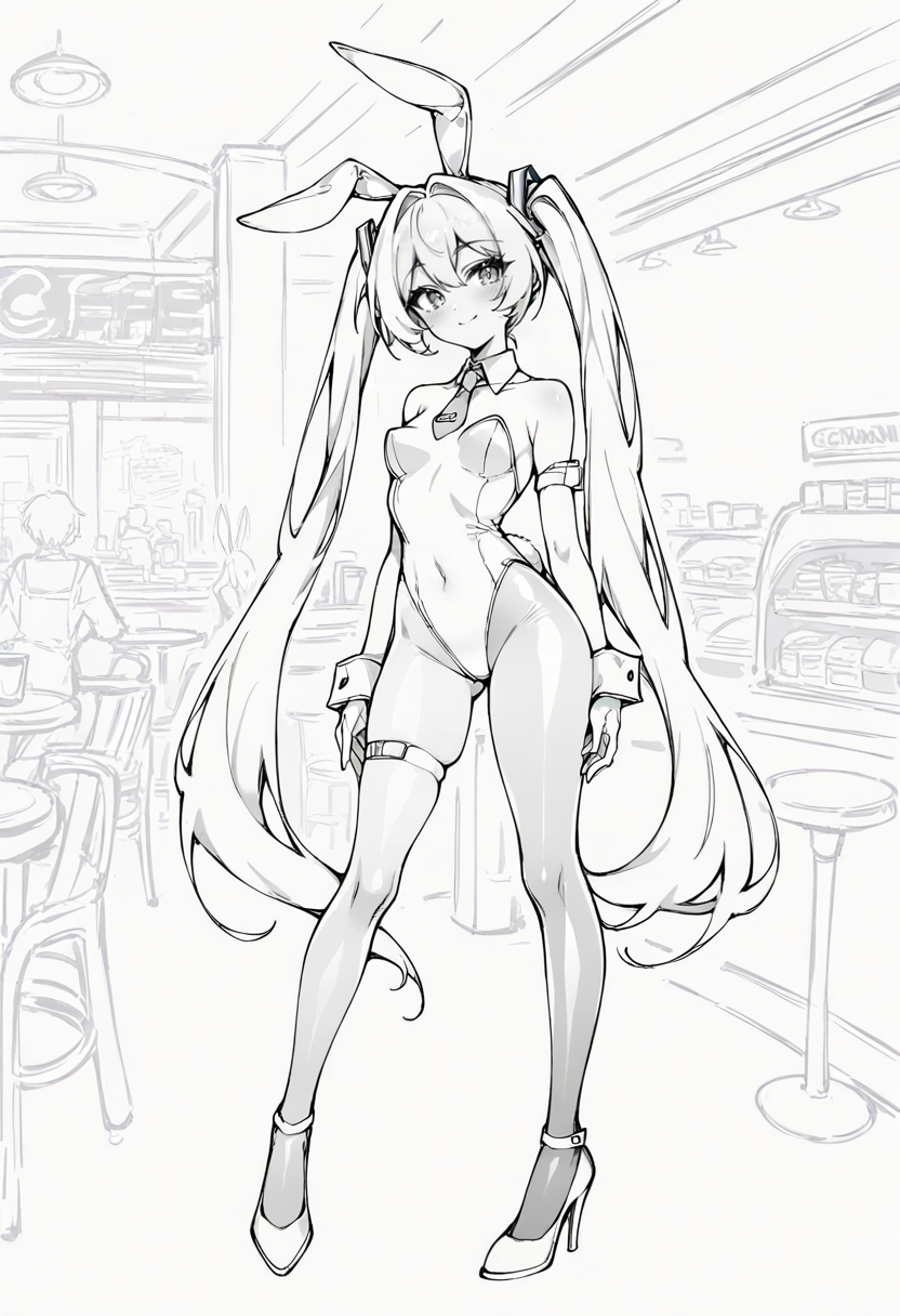 masterpiece, newest,
1girl, shiny skin, bunny girl, hatsune miku, standing, light smile, head tilt, absurdres, long gloves, cafe, leotard, pantyhose,  <lora:ALTXL_001_4:1> <lora:LineAniRedmondV2-Lineart-LineAniAF:0.7> lineart, LineAniAF