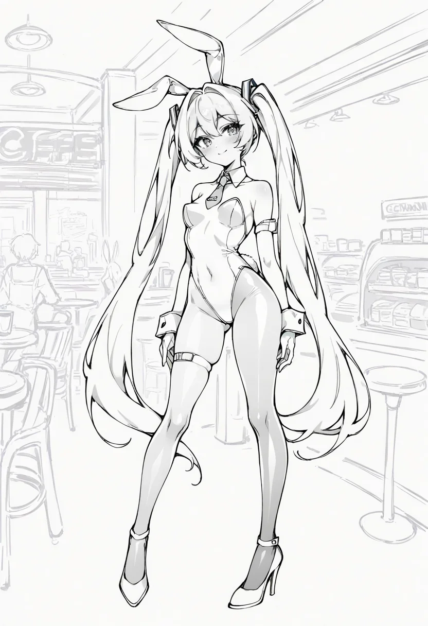 masterpiece, newest,
1girl, shiny skin, bunny girl, hatsune miku, standing, light smile, head tilt, absurdres, long gloves, cafe, leotard, pantyhose,  <lora:ALTXL_001_4:1> <lora:LineAniRedmondV2-Lineart-LineAniAF:0.7> lineart, LineAniAF