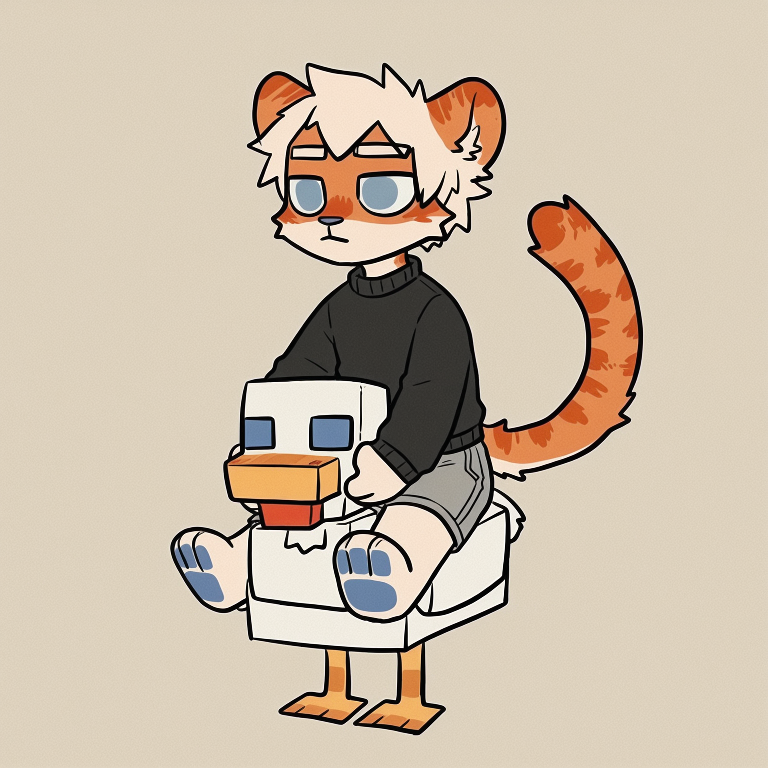 <lora:checken_jockey-il:2>, mikus-concept, minecraft chicken, riding, chicken jockey, sitting, simple  background, square body, square head, beak, BREAK, milky-tiger, white hair, blue eyes, tiger, furry, black sweater, gray shorts, 1boy, solo, <lora:Milkytiger:0.75>, <lora:milkytiger_Illustrious-10>