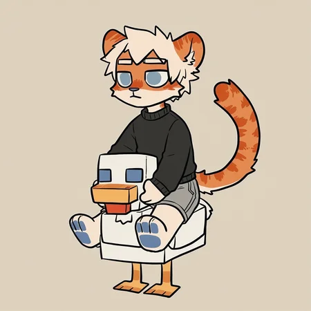 <lora:checken_jockey-il:2>, mikus-concept, minecraft chicken, riding, chicken jockey, sitting, simple  background, square body, square head, beak, BREAK, milky-tiger, white hair, blue eyes, tiger, furry, black sweater, gray shorts, 1boy, solo, <lora:Milkytiger:0.75>, <lora:milkytiger_Illustrious-10>