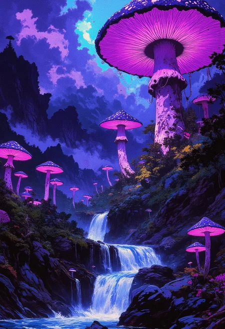 A surreal, otherworldly fantasy landscape featuring gigantic glowing mushrooms with luminous purple caps towering over misty mountains. The sky is dark and filled with swirling, mystical clouds illuminated by an eerie bluish glow, creating an ethereal, dreamlike atmosphere. A winding, crystal-clear river with cascading waterfalls flows through a lush, shadowy forest, reflecting the purple and blue hues from the sky. The terrain is rocky with scattered moss and small fungi, adding intricate details. The scene has a magical, bioluminescent vibe with an alien-like ambiance, emphasizing vibrant neon purples, blues, and subtle highlights. Highly detailed, atmospheric lighting, and cinematic fantasy style