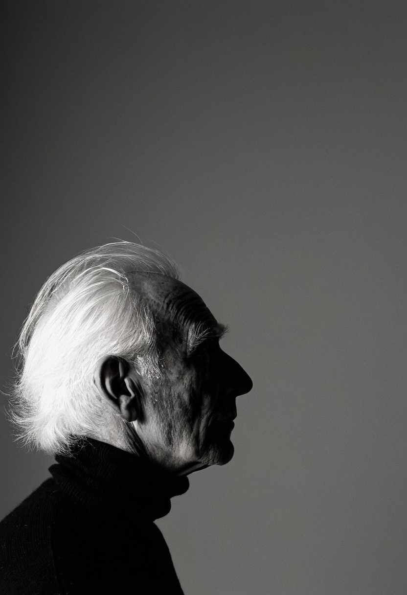 A dramatic black and white portrait photograph of an elderly man in profile, captured against a plain gradient background. The subject wears a black turtleneck sweater and stands with dignified posture, his white hair and pronounced profile creating a striking silhouette. The image employs side lighting and medium framing to emphasize the subject's distinguished features and create a powerful character study. Black and white portrait photography with sharp side lighting and high contrast medium shot composition.