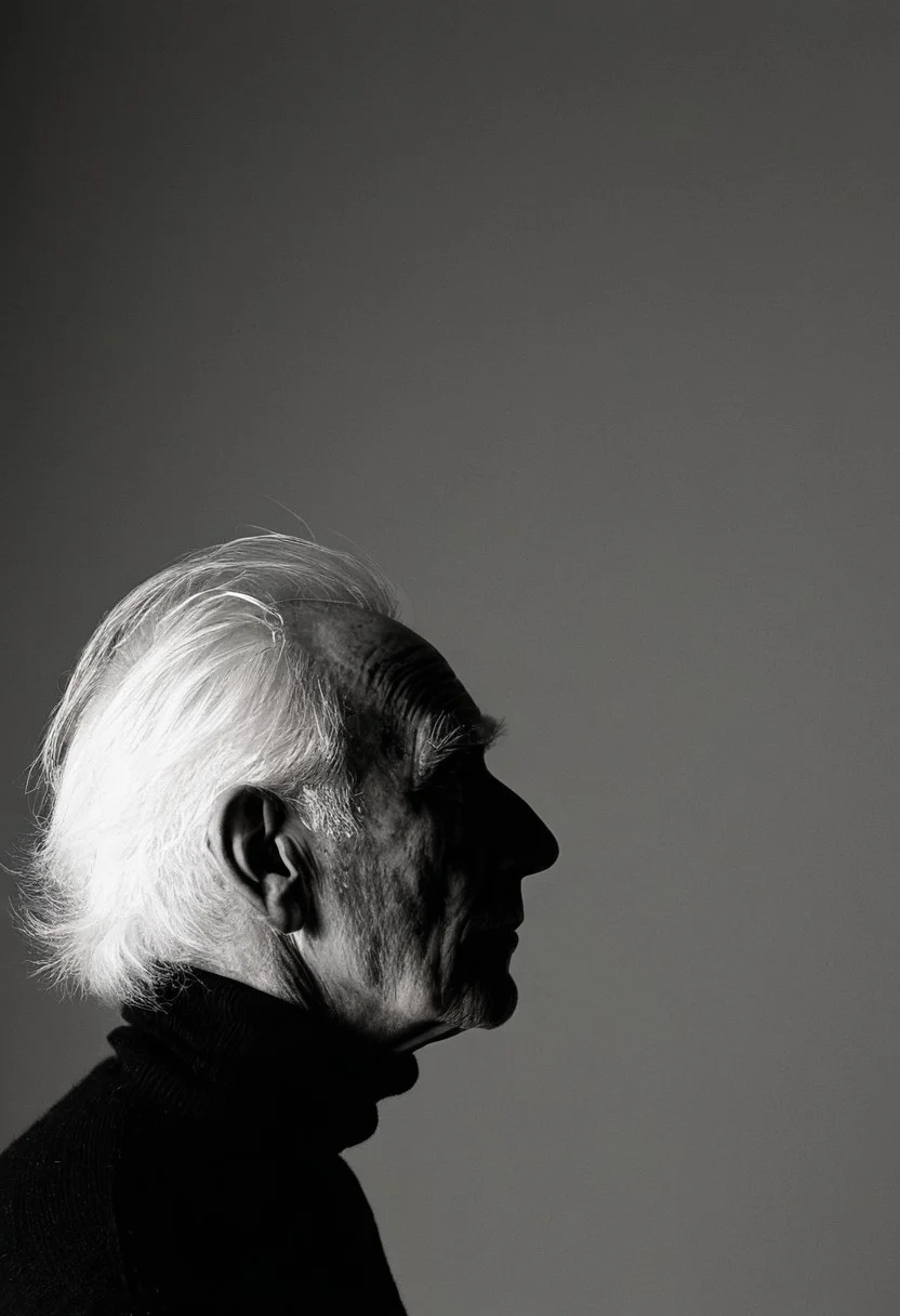 A dramatic black and white portrait photograph of an elderly man in profile, captured against a plain gradient background. The subject wears a black turtleneck sweater and stands with dignified posture, his white hair and pronounced profile creating a striking silhouette. The image employs side lighting and medium framing to emphasize the subject's distinguished features and create a powerful character study. Black and white portrait photography with sharp side lighting and high contrast medium shot composition.