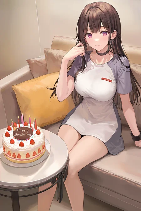 (masterpiece), best quality, amazing quality, very aesthetic, absurdres, newest, 1girl, solo, (cute face), 1girl solo with cute face, yao, sitting on sofa, yao casual, birthday cake on table, (happy birthday), (artist:tokkyu:0.7), (artist:momoko \(momopoco\):0.7), (artist:ask \(askzy\):0.7), (artist:yuyumu:0.5), (artist:dsmile:0.65), (artist:atdan:0.65) <lora:yao_IL-000009:0.75>