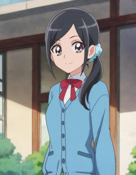 score_9, score_8_up, score_7_up, anime screencap, solo,1girl,sawaizumichiyu, green skirt, shirt, bowtie, white shirt, red bowtie, school uniform, blue cardigan, red bow, smile, blue scrunchie, looking at viewer, hair ornament, cardigan, ribbon, cowboy shot,medium breasts,<lora:sawaizumichiyu:0.8>