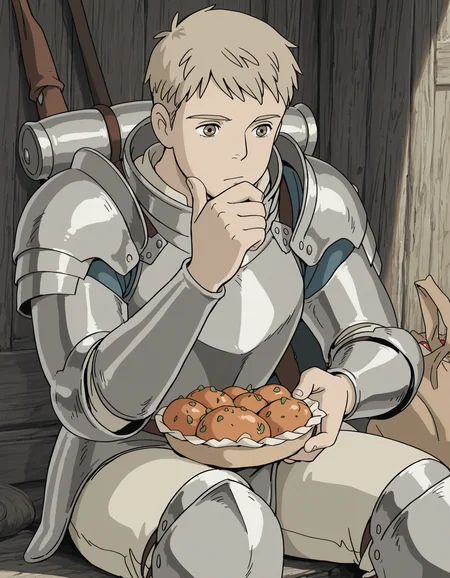 studio_ghibli, laios touden, solo, armour, sitting, thinking, food, masterpiece, best quality, amazing detail, high definition