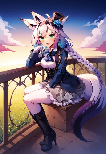safe_pos, safe_pos, safe_pos, safe_pos, safe_pos, safe_pos, score_9, score_8_up, score_7_up, score_6_up, masterpiece, source_anime, high quality, perfect face, detailed eyes, perfecteyes, perfect balance, detailed face, perfect lighting, detailed background, uncensored, newest, absurdres, highres, very aesthetic, outdoor, balcony, grass sky, clouds, autumn, night,
uncensored,
fubuki, white hair, single side braid, ahoge, piercing, fox tail,
fubuki_elegant, braided ponytail, blue coat, blue ascot, corset, collared shirt, grey skirt, frilled skirt, white pantyhose, white gloves, mini top hat, hairband, blue rose, white hair, piercing, fox tail,
1girl, solo, open mouth, smile, large breasts, pleasured, full body, long legs, larger female, tall female, looking at viewer, long calves, long legs, thin thighs, tall_girl,long_legs, boots, long boots, lace-up boots, leather boots, heeled boots, sitting, half closed eyes, naughty face, multicolored hair, low angle