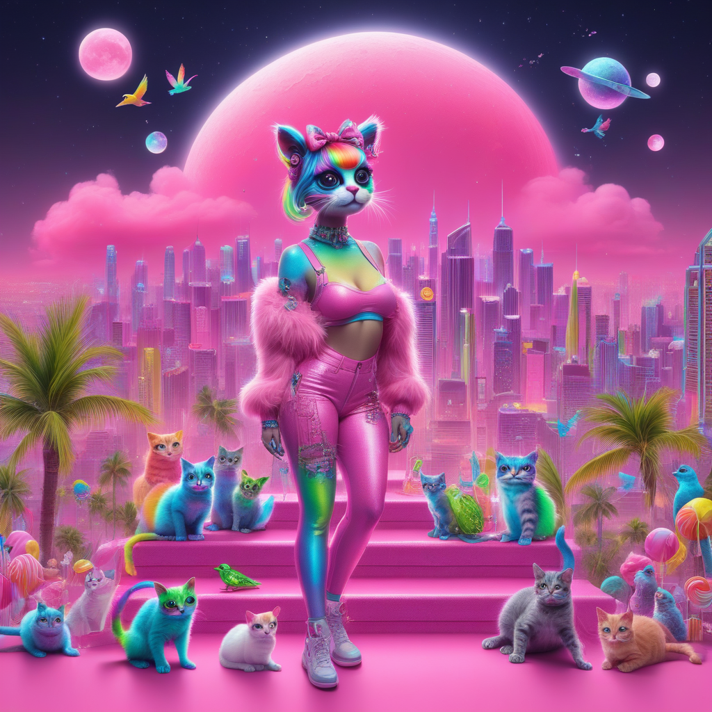 rainbow hair, monster, stairs, full body, bird, furry, candy, lollipop, hair bow, earrings, glowing, city, breasts, frog, sparkles, cloud, food, soft pastel clouds, palm tree, night, cat, saturated details, cityscape, double bun, piercing, pants, science fiction, moon, pink background, skyscraper, hairclip, neon colors