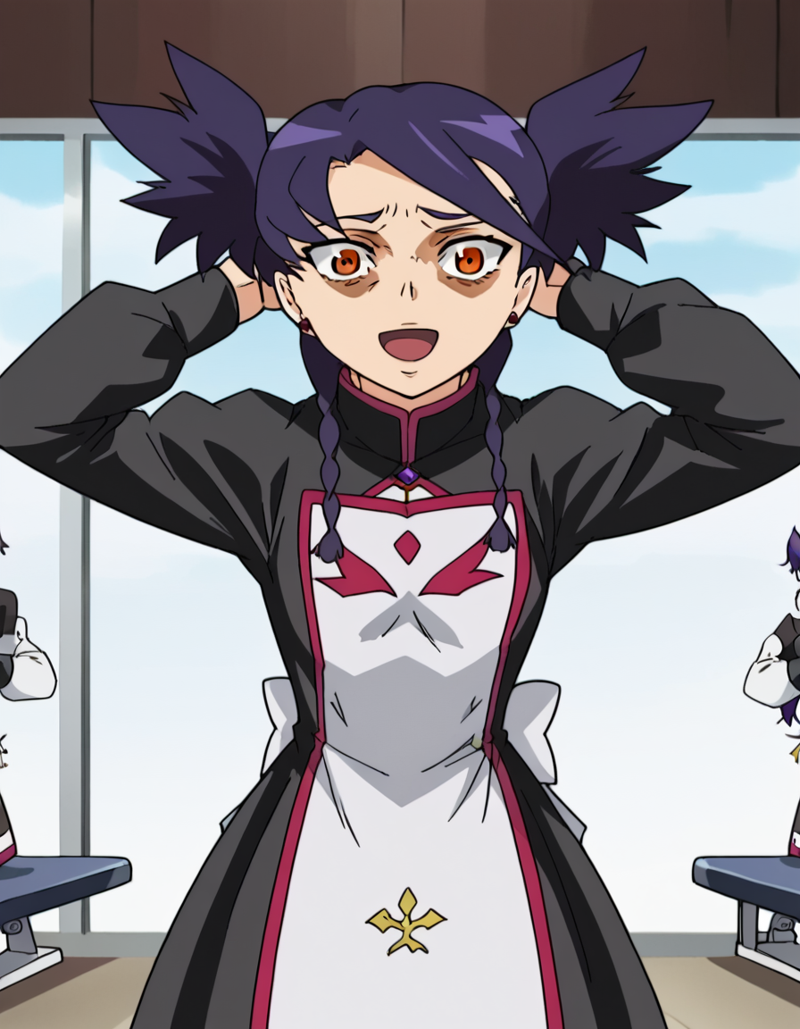 score_9, score_8_up, score_7_up, source_anime, <lora:nina-wang-s1-ponyxl-lora-nochekaiser:1>, nina wang, bangs, twintails, purple hair, braid, twin braids, orange eyes, anime screencap,, long sleeves, dress, jewelry, earrings, puffy sleeves, black dress, juliet sleeves,, gym, weights, treadmill, mirrors, exercise, smile, <lora:shocked-black-guy-ponyxl-lora-nochekaiser:1> shocked black guy, open mouth, looking at viewer, hands behind head, shaded face,, looking at viewer, solo,, dutch angle, cowboy shot