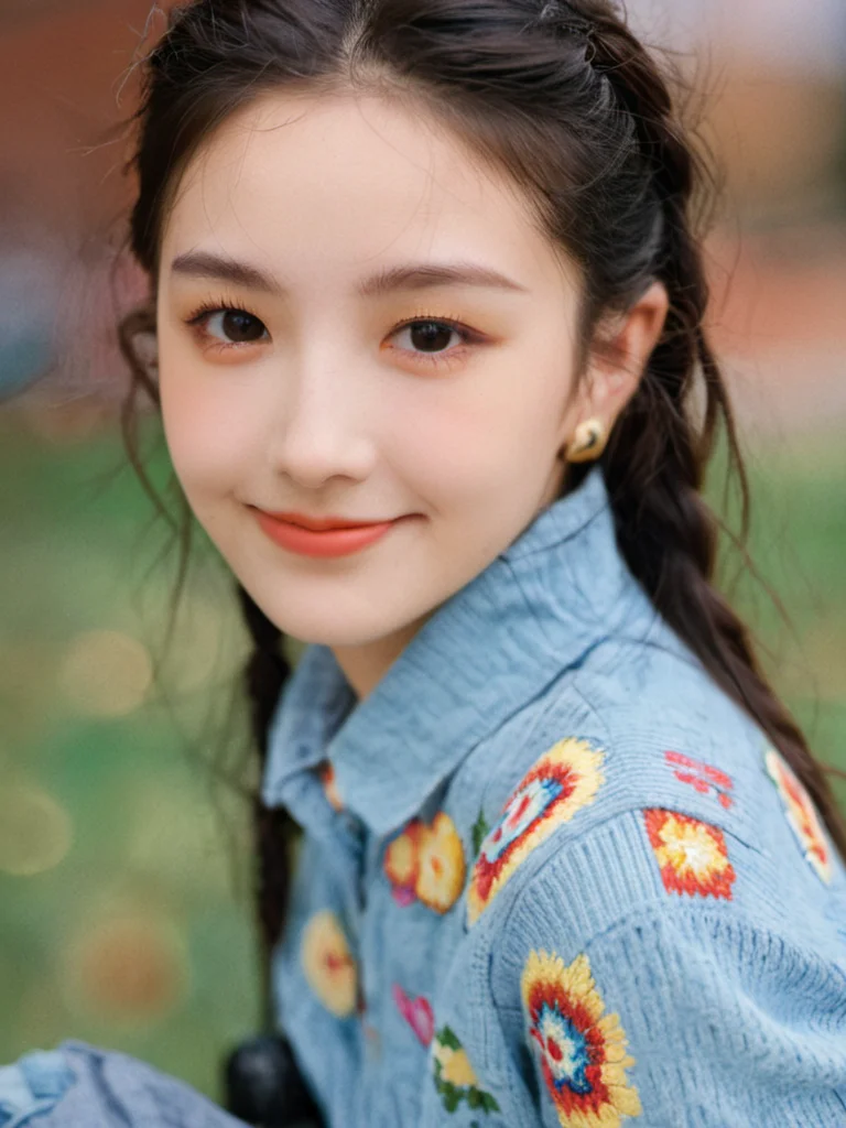 realstic,portrait,1girl,smiling,kooky portraits of 80's mall teens in retro clothing, shot on VHS