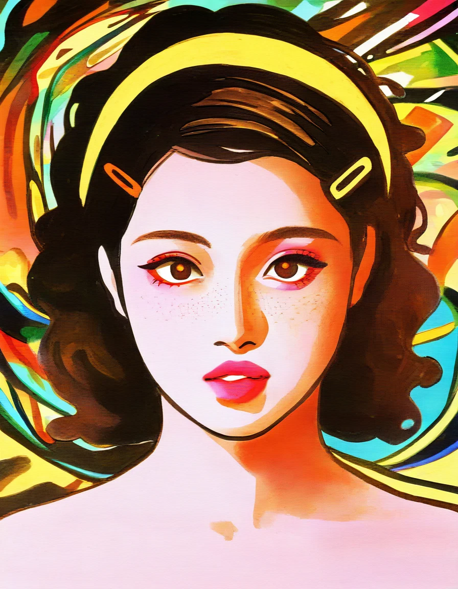 1girl, curly-hair, brown-hair, brown-eyes, pink-lips, freckles, parted-lips, yellow-hairband, multiple-hairpins, makeup, straight-on, abstract, psychedelic, close-up, traditional-media, masterpiece, best quality, newest, absurdres, highres