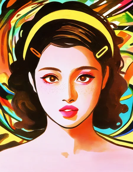 1girl, curly-hair, brown-hair, brown-eyes, pink-lips, freckles, parted-lips, yellow-hairband, multiple-hairpins, makeup, straight-on, abstract, psychedelic, close-up, traditional-media, masterpiece, best quality, newest, absurdres, highres